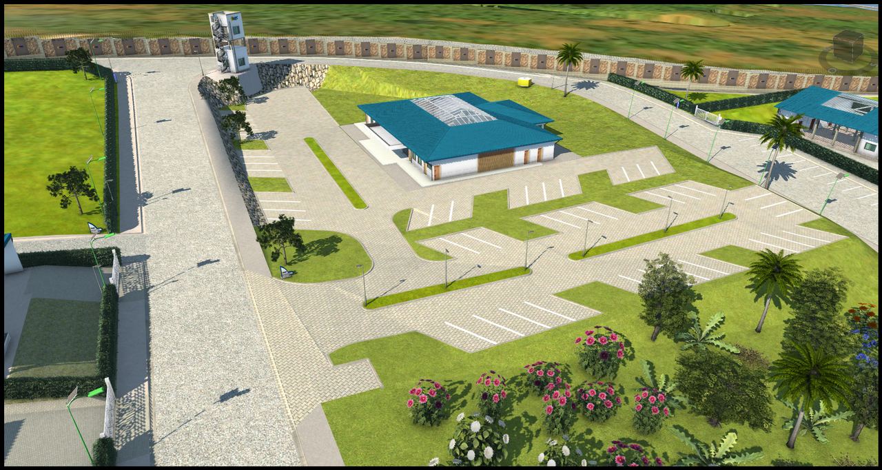 Entrée principale — Parking & bâtiment d'accueil